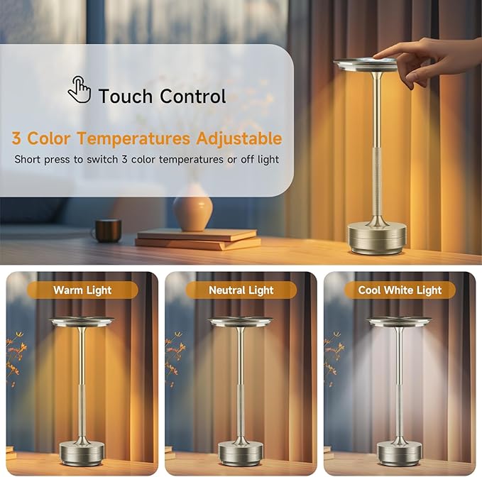 Cordless Rechargeable Table Lamps, Portable Led Ecolume Dining Table Light with Touch Control & 3 Color Dimmable, 5200mAh Battery Powered Vueeze Table Lamp for Outdoor Patio Dinner Restaurant (Silver)