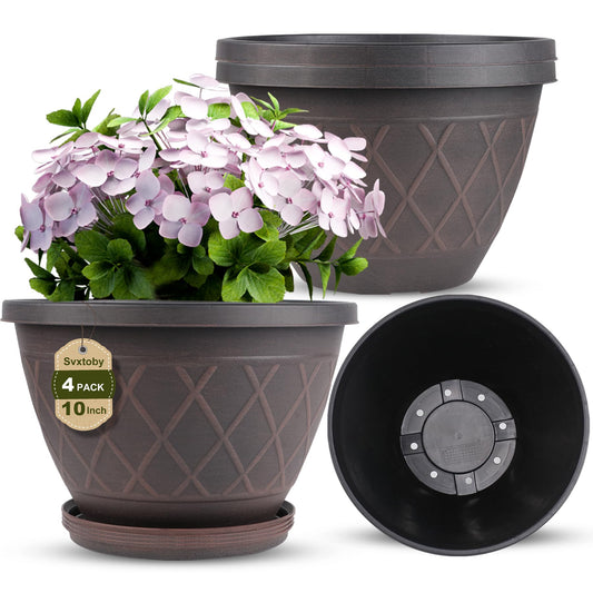 4 Pack 10 Inch Plant Pot, Planter Pots with Drainage Holes & Saucers, Modern Plaid Pattern Planters Garden Pots for Herbs, Decorative Plastic Flower Pots for Outdoor Indoor Home Plants (Brown)