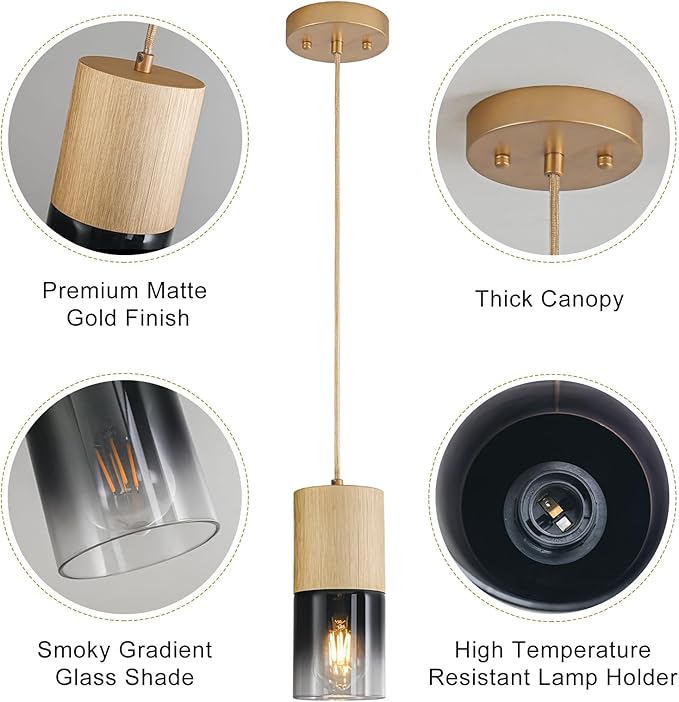 2-Pack Gold Pendant Light Fixtures, Adjustable Modern Black Pendant Lights for Kitchen Island, Industrial Glass Pendant Lights for Dining Table Hallway Bedroom Living Room