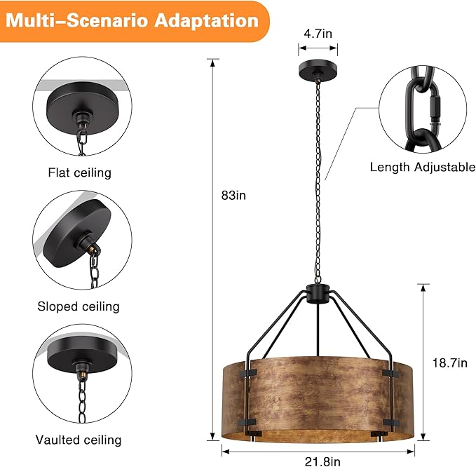 Espird Farmhouse Drum Chandelier, 4-Light, 22in Pendant Light Fixture with Chain, Kitchen Island Pendant Over Table, Rustic Industrial Chandelier for Dining Room, Bedroom, Living Room, Foyer