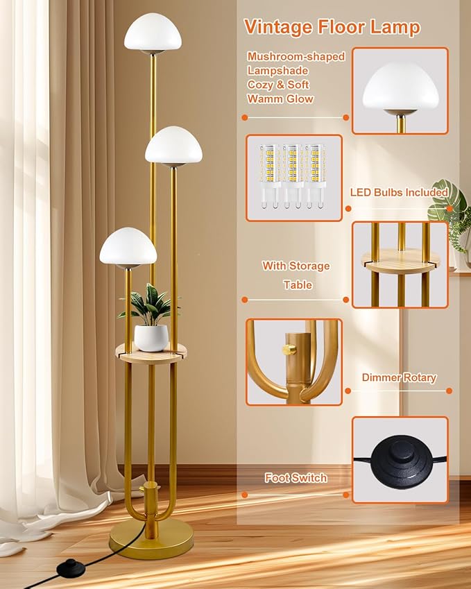 Lightdot Gold Dimmable Floor Lamp with Table, Modern Floor Lamps for Living Room, 3000K Tall Standing Lamp with Mushroom Shades& Bulbs Included for Bedroom/Office//Sofa Beside/Corner Decor
