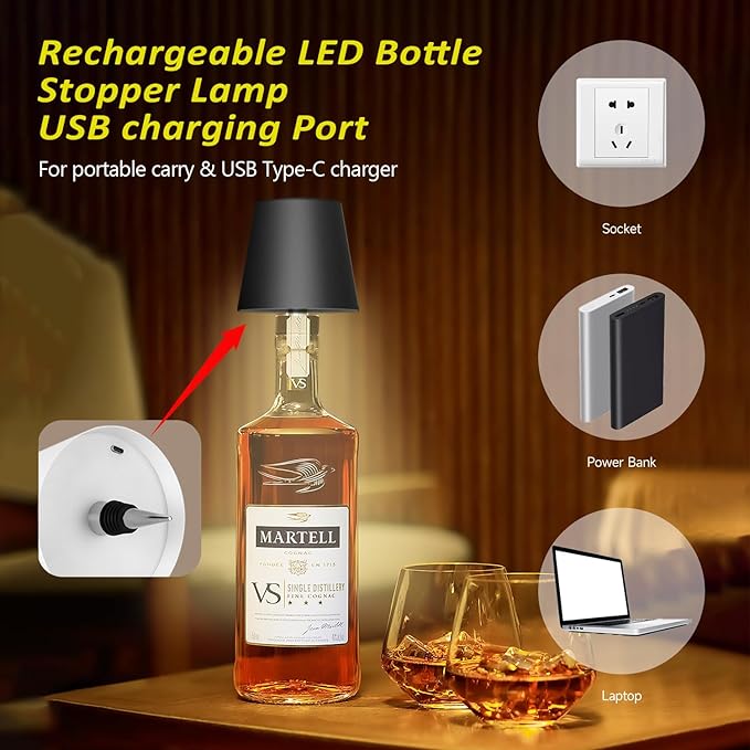 2025 New Wireless Bottle Lamp - LED Bottle Lights for Liquor & Wine Bottles, Cordless Lampshade, Whiskey Bottle Top Light, Bottle Stopper Night Light Kit, Rechargeable 3-Tone Touch-Dimmable 2 PCS