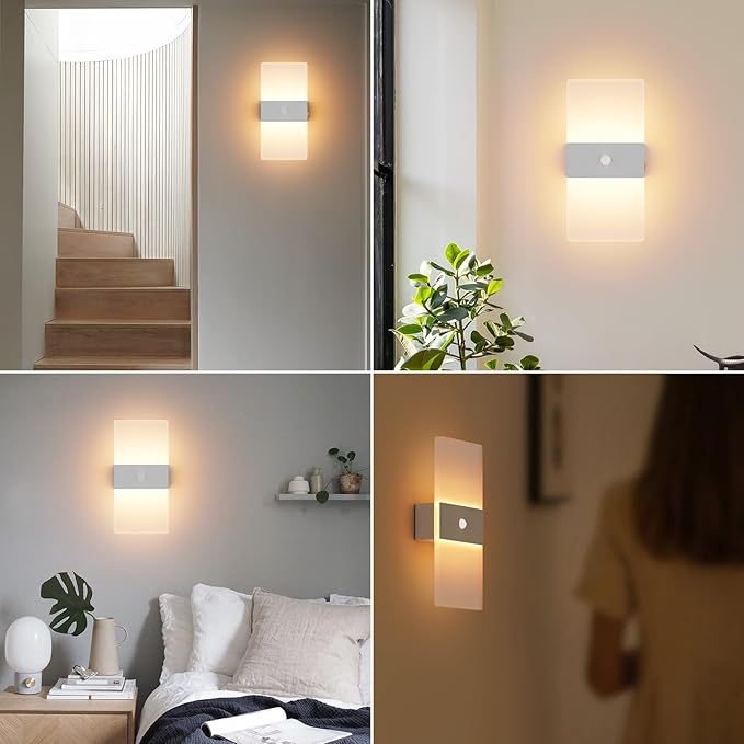 2 Pack Motion Sensor Wall Lights, Morden Silver Decorative LED Indoor Night Light, 3000K Warm Light Battery Operated Wall Sconces for Porch Bedroom Living Room Hallway(Silver)