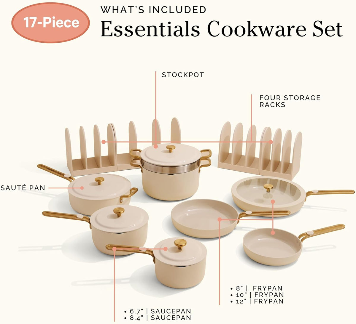 Our Place 17-Piece Complete Cookware Set - Nonstick Ceramic Fry Pans, Saucepans & More | Oven Safe to 450°F | Cream