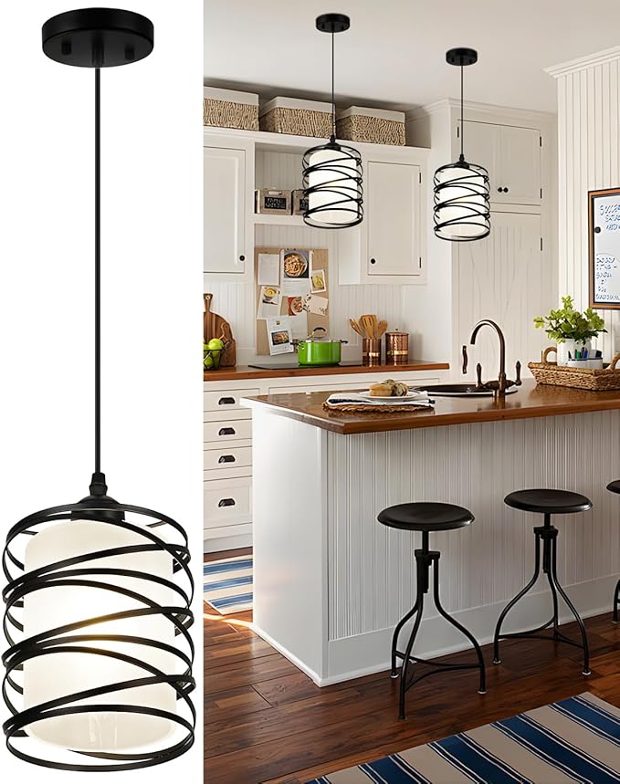 Black Pendant Lights for Kitchen Island, Industrial Pendant Light Fixture with Frosted Glass Shade, Farmhouse Adjustable Spiral Iron Pendant Lighting for Dining Room Foyer Hallway Kitchen