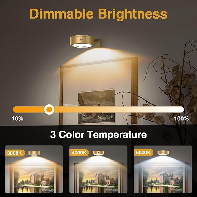 3Pack Wireless Picture Light,Battery Operated Painting Light with Remote,Magnetic Timer Display Art Lamp for Wall,Dimmable Picture Frame Light for Frame Artwork,Wall Decor Puck Lights-Gold