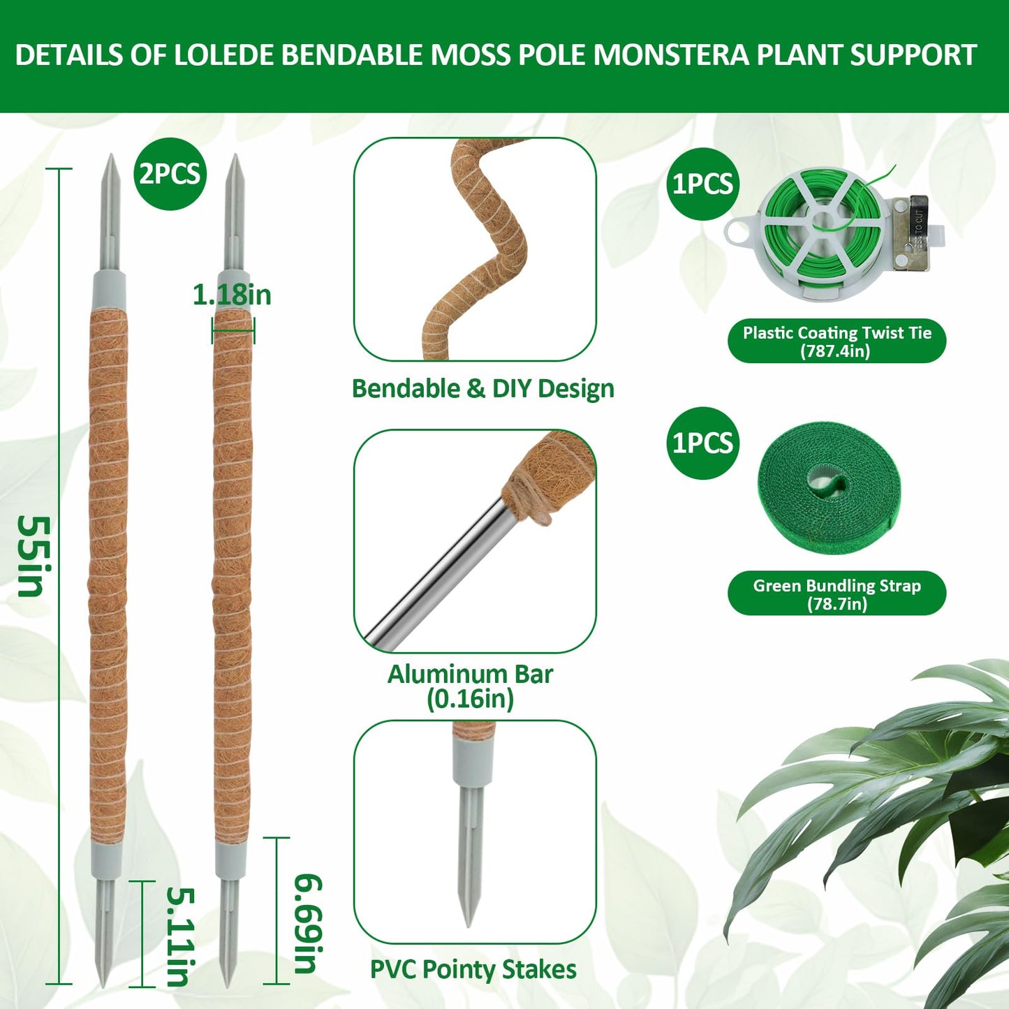 LOLEDE 2 Pack Moss Pole, 55 Inches Tall Bendable Coco Coir Poles Monstera Plant Support for Climbing Indoor Plants, DIY Plant Stakes Kit Support for Pothos, Philodendron,Potted Plants