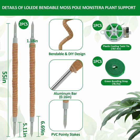 LOLEDE 2 Pack Moss Pole, 55 Inches Tall Bendable Coco Coir Poles Monstera Plant Support for Climbing Indoor Plants, DIY Plant Stakes Kit Support for Pothos, Philodendron,Potted Plants