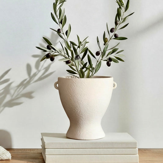 Ceramic Vase with Handles - Modern Terracotta Rustic Pottery for Home Decor, Living Room, House Decor Accents, Bookshelf, Console (Off-White)