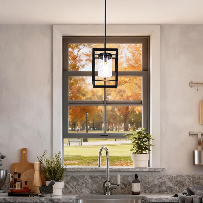 COTULIN 3 Pack Black Pendant Lights for Kitchen Island, Farmhouse 1-Light Iron Cage Metal Hanging Light with Clear Glass Shade, Industrial Lighting Fixtures for Living Room Bedroom Hallway Foyer