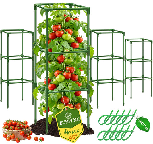 Sunwinx 4 Pack Square Tomato Cages for Garden, 45 Inch Adjustable Tomato Stakes, Metal Tomato Trellis, Garden Plant Support for Potted Climbing Plants, Vegetables Flowers Fruits, Raised Garden Bed