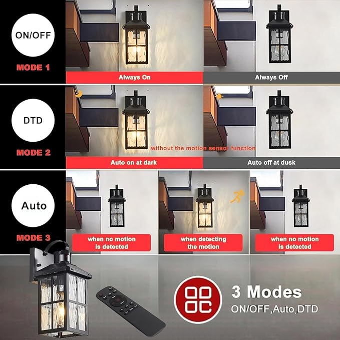 Porch Lights Outdoor with Remote Control: Motion Sensor Exterior Lighting Fixtures Intelligent 3 Lighting Modes Outdoor Wall Lights Sconce Lights for House Patio Front Door Garage