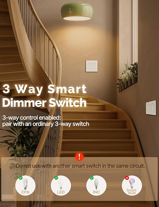 MOES 3 Way Smart Star Ring Dimmer Switch, 2.4GHz WiFi Dimmable Light Switch,Neutral Wire Required, Smart Life APP Remote Control, Works with Alexa & Google Assistant, Timer & Schedule White 2 Gang