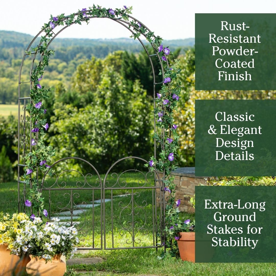 Plow & Hearth Arch Metal Outdoor Garden Arbor, 84 inches Tall, Iron Trellis Lattice for Climbing Plants, Wedding Arch, Outdoor Patio Décor (Montebello-Gunmetal with Gate)