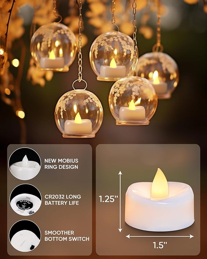 Flameless Candles, 100-Pack Tea Lights Candles Battery Operated Bulk, Flameless Tealight Candles, LED Tea Lights for Christmas Halloween Wedding Fall Decor, 1.5'' D X 1.25'' H, Warm Yellow