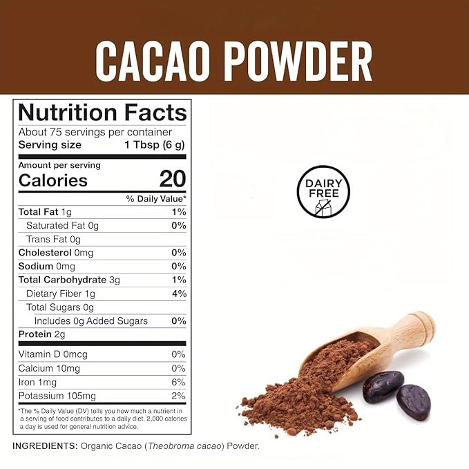 226g/2pack, Organic Cacao Powder - Unsweetened Dark Cocoa for Baking & Healthy Desserts, Rich Chocolate Flavor, Non-GMO, Vegan Certified, Gluten-Free, Keto Friendly