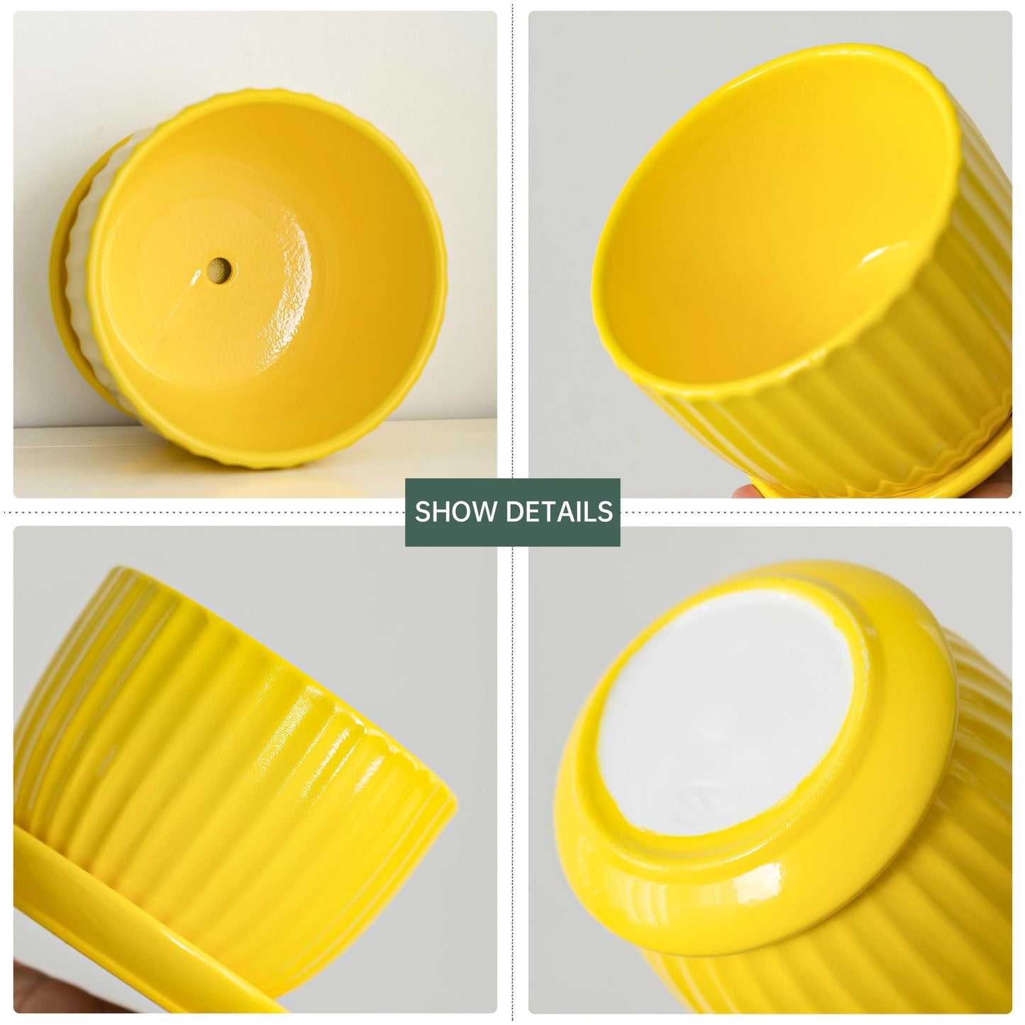 Ton Sin Ceramic Flower Pots,Yellow Plant Pots for Indoor Plants,4.1+5.1+6.5 inch Ceramic Plant Pots with Tray,Medium Indoor Planters for Aloe Cactus Decorative Pots with Drainage Hole (Set of 3)