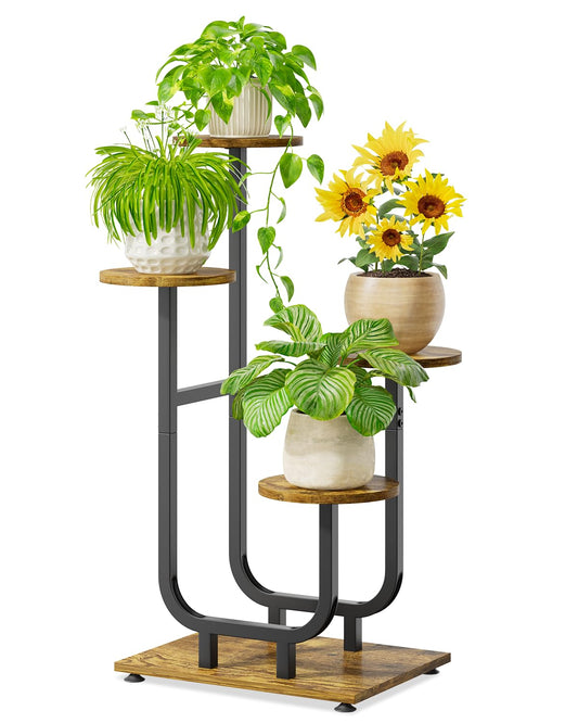 iDavosic.ly 4 Tier Plant Stand Indoor, Corner Tiered Multiple Flower Holder Shelf with Wooden Trays, Orchid Display Metal Rack for Patio Porch Living Room Balcony Outdoor, Modern Black & Rustic Brown