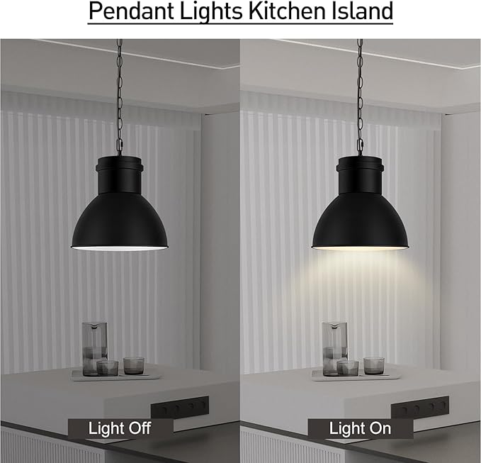 2 Pack Black Pendant Lights Kitchen Island, 10.6" Large Metal Shade and 70.9'' Adjustable Height, Farmhouse Hanging Pendant Light, Modern Pendant Lighting Fixtures for Kitchen Island/Bar, No E26 Bulb