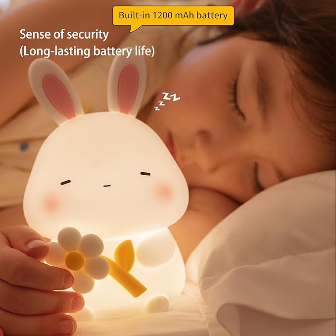 Led Cute Flower Bunny Night Light, Dimmable Timer Kawaii Lamps, Super Squishy Silicone USB Rechargeable Touch Control Night Lamp, Used for Camping Party Room Decor (Bunny with Flower)