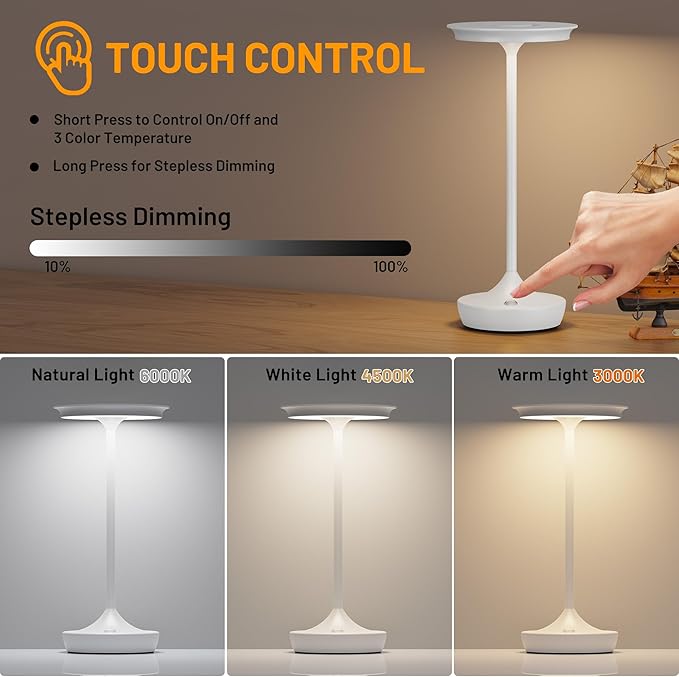2 Pack LED Rechargeable Cordless Table Lamps, Portable Outdoor Battery Operated 3 Color Stepless Dimming Tables Light with Memory Function for Patio Restaurant Dining Room White