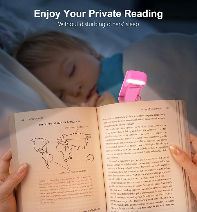 Gritin Reading Light,Book Light for Reading in Bed-Eye Caring 3 Colors, 5-Level Dimmable Brightness,Long Lasting, Compact Size Rechargeable Clip on Book Reading Light for Book Lovers-Rose