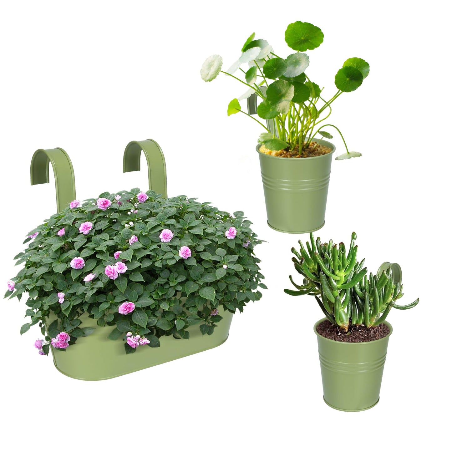 HowRU Metal Iron Flower Pots for Railing Fence Hanging Bucket Pots(5 Pcs) and Hanging Flower Pots Metal Iron Bucket Planter(10 Pcs) (Green)