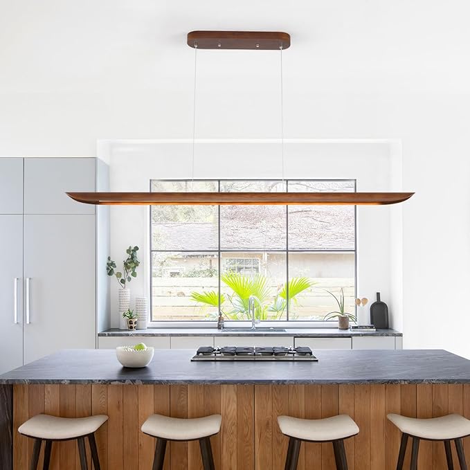 55" Wood Linear Pendant Light, Dimmable Kitchen Island Lighting with Remote, 40W LED Island Lights for Kitchen, Adjustable Linear Chandelier for Dinning Room Light Fixture, Bar, Pool Table Light