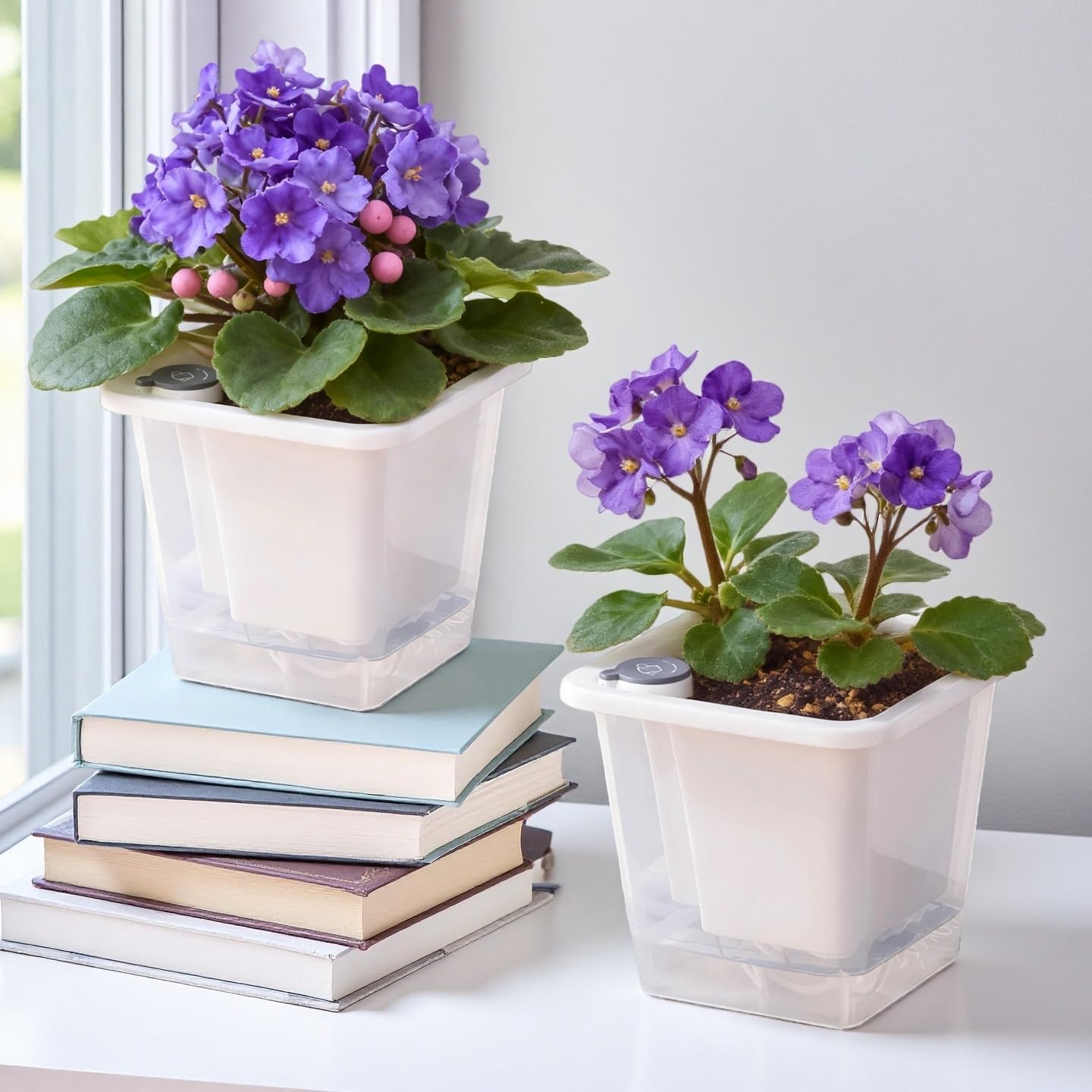 FAMZ Self Watering Pots for Indoor Plants 3 Pack，Clear Plant Pots with Drainage for African Violet、 Orchid、Succulent Plants Square Plant Pots（White 5.12"）
