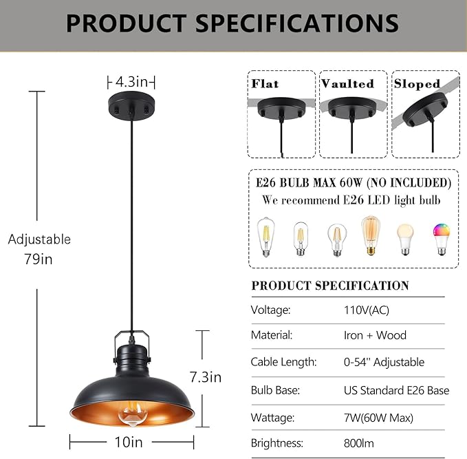 Industrial Pendant Light, 10.5 Inch Farmhouse Small Black and Gold Chandelier, Vintage Hanging Light Fixture with 71'' Height Adjustable Cord for Kitchen Island, Dining Room, Bedroom - 1 Pack