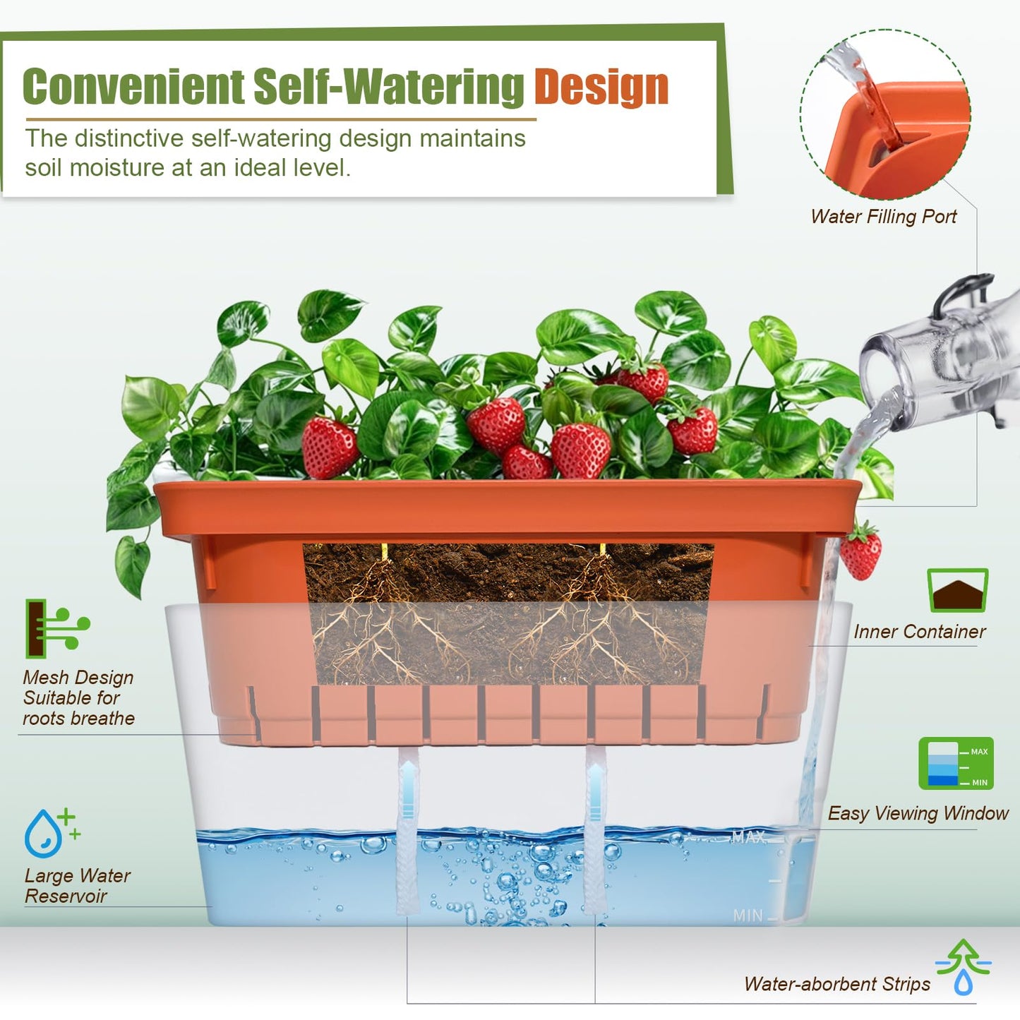 OurWarm Windowsill Herb Planter Box Set of 6, 10.5 Inch Self Watering Pots for Indoor Plants, Flower Box with Water Level Window, Colorful Plastic Flower Pots & Planters for Herbs, Vegetables, Flowers