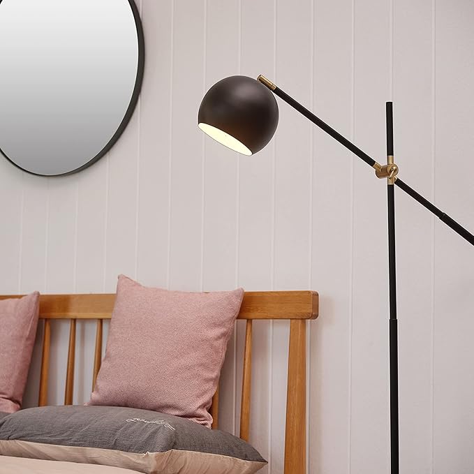 Globe Electric 65911 60" Floor Lamp, Matte Black, Brass Pivot, Metal Shade, in-Line On/Off Foot Switch, Adjustable Arm, 6-Foot Cord, Modern Standing Light for Living Room, Reading, or Office