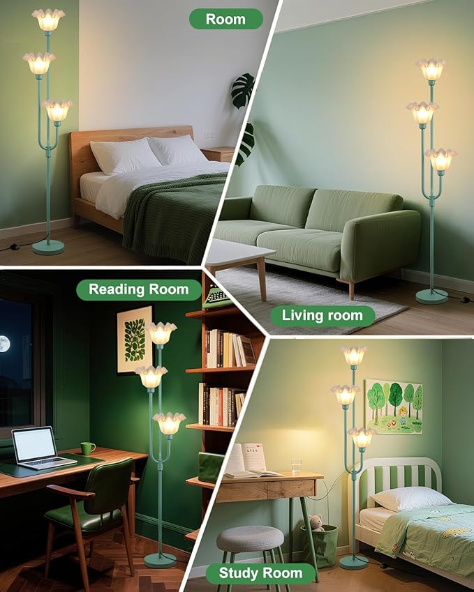 Lightdot Flower Floor Lamp 3-Lights Rustic Floor Lamps with 3000K Warm White Bulbs Included for Wedding Party Modern Tall Standing Lamp for Living Room/Bedroom/Sofa Beside/Corner Decor-Grey Green