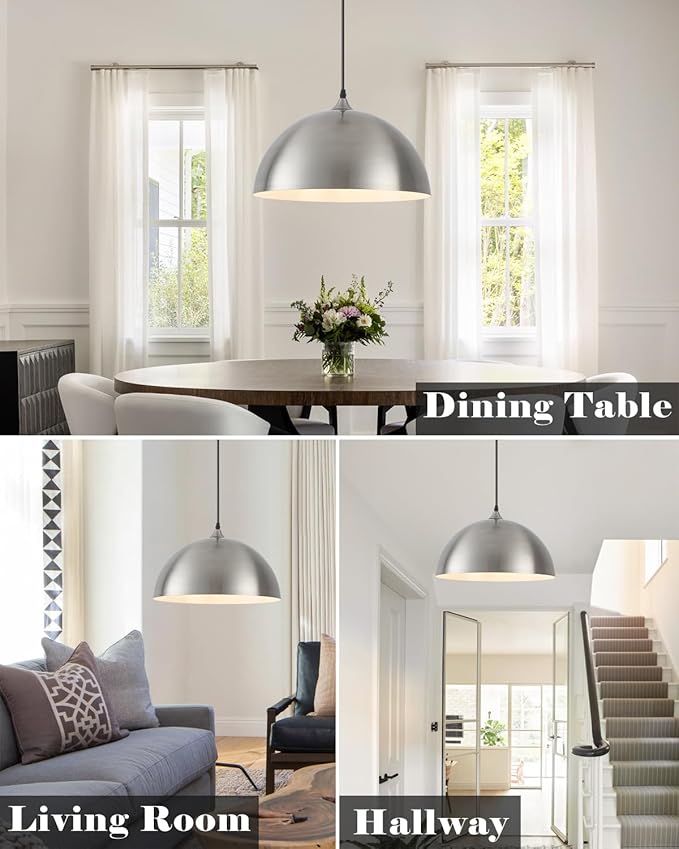 Brushed Nickel Pendant Lights Kitchen Island, 16 Inch Large Dome Pendant Light, Modern Farmhouse Pendant Light for Kitchen Island, Dining Room, Cafe, Bar, 2 Pack