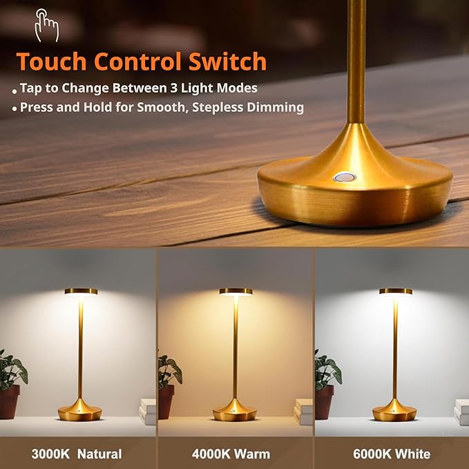 Rechargeable Table Lamp Cordless - 6000mAh Battery Operated LED Table Light - Portable Touch Dimmable Outdoor Waterproof Table Lamps for Patio Restaurant Dining (Gold)