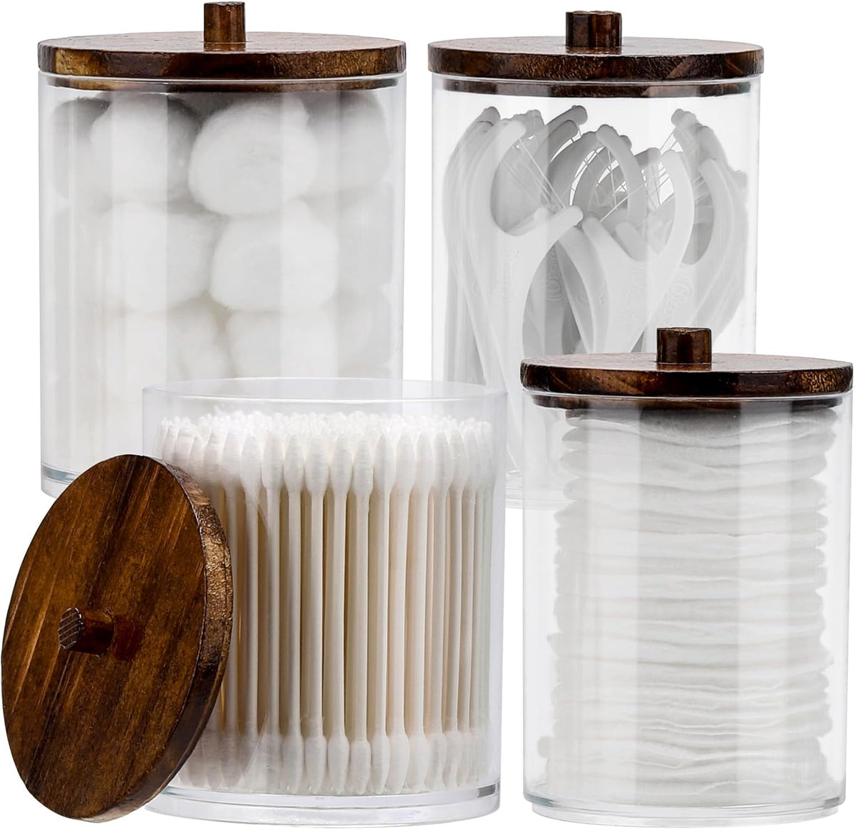 Tbestmax Qtip Holder Dispenser - 4 Pack Clear Plastic Apothecary Jars with Brown Wood Lids | 12oz & 10oz Storage