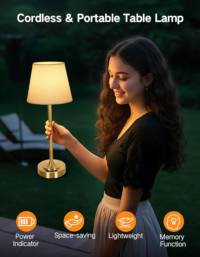 OUTON 2 Pack Cordless Table Lamp Rechargeable, Touch Dimmable LED Lamp with Fabric Shade, 3 Color Temperatures, USB-C Charging, Battery Display, Memory Function for Bedroom Living Room Patio, Gold