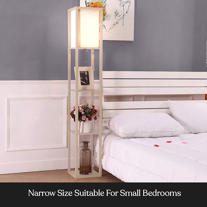 Brightech Maxwell - Modern Shelf Floor Lamp with Lamp Shade & Warm White LED Bulb, Corner Display Floor Lamp with Shelves for Living Room, Bedroom, Nightstand Office, Home Decor Storage - Rustic Wood