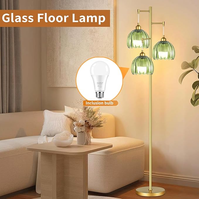 Gold Floor Lamp for Living Room Bedroom,Modern Tree Floor Lamps with Green Glass Shades,68IN Tall Standing Lamp with Bulbs,3 Lights Mid Century Vintage Floor Lamp for Corner Office Reading