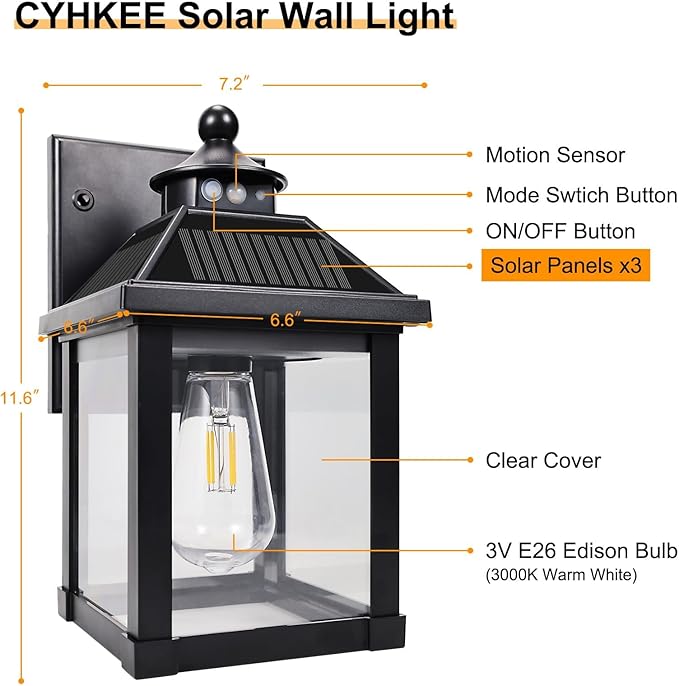 Solar Wall Lights Outdoor Large Size Solar Porch Sconce Lights Motion Sensor with 3 Lighting Modes Dusk to Dawn - Waterproof Lantern Fixture for Front Door Garage Porch Yard Fence (2 Pack)