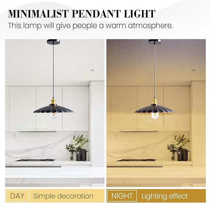 2Pack Hanging Lamp, Metal Pleated Lampshade Pendant Lighting for Kitchen Island Black Pendant Light Fixture 15.7 Inch Hanging Pendant Light 6.5Ft Height Adjustable