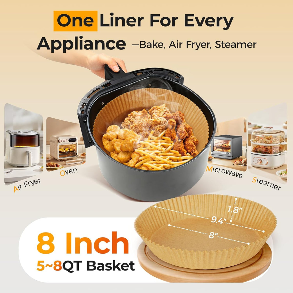 Vailnd Air Fryer Liners - 150 Pcs Heavy-Duty Non-Stick Parchment Paper Sheets | 8" Round for 5-8 Qt Air Fryers