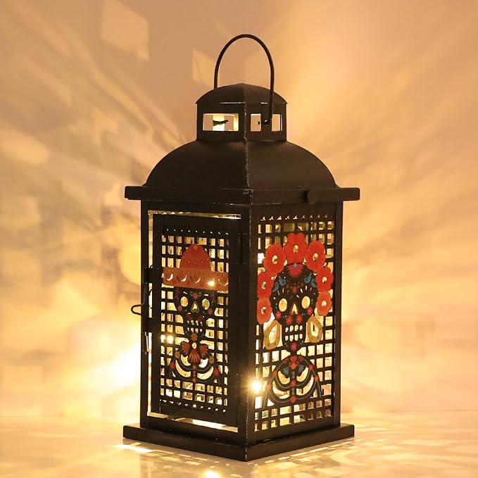 Day of The Dead Decorations, DECORKEY 13.4’’ Decorative Skull Women&Men Candle Lantern with 60" Lights(No Battery), Tabletop&Hanging Lantern for Indoor&Outdoor Yard Altar Table Party Halloween Decor