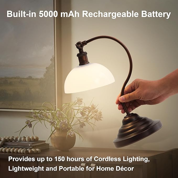 Cordless LED Table Lamp, Battery Operated Desk Lamps with Swing Arm & Plastic Shade, Vintage Small Rechargeable Dimmable Light for Bedroom, Living Room, Nightstand, Oil Rubbed Bronze