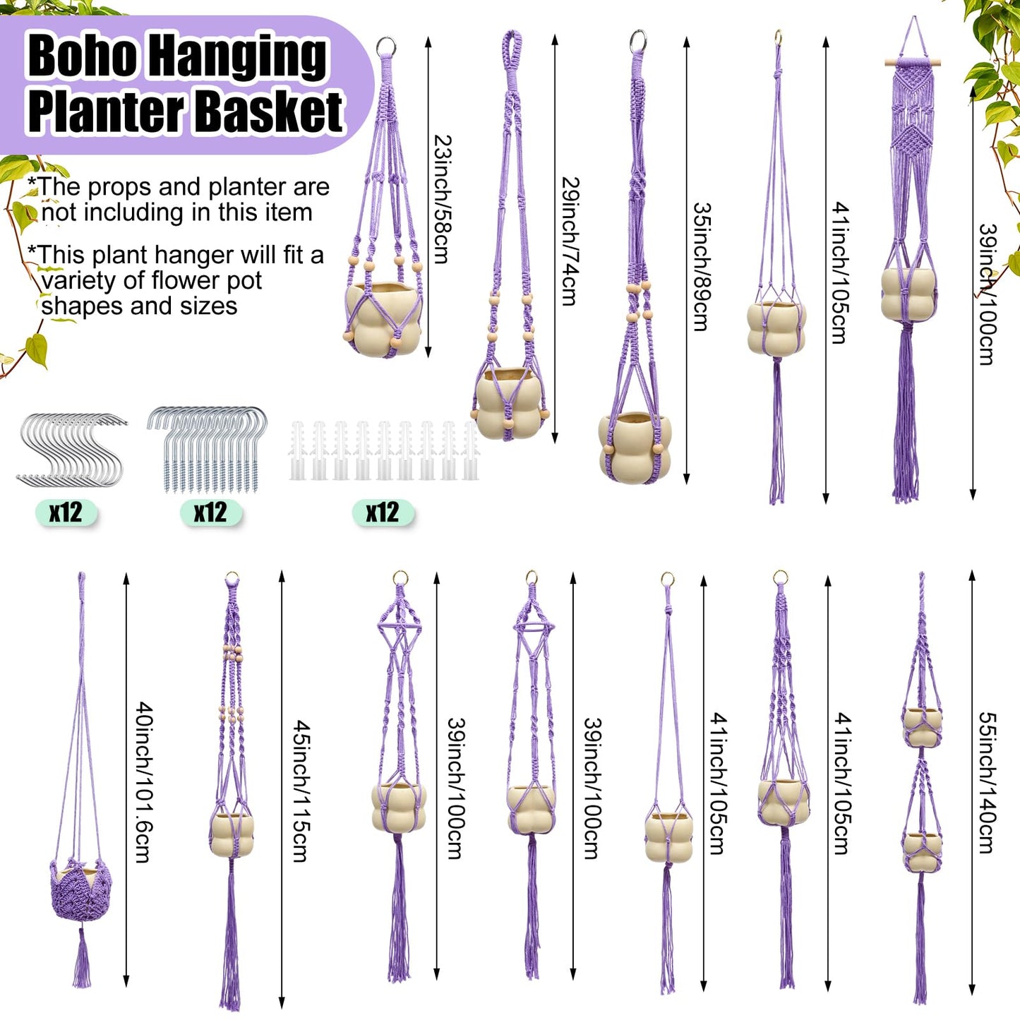 Hoteam 12 Pcs Macrame Plant Hangers Macrame Hanging Planters for Indoor Plants Handmade Boho Hanging Baskets Flower Pots Holder for Outdoor Home Wall Decor (Purple)