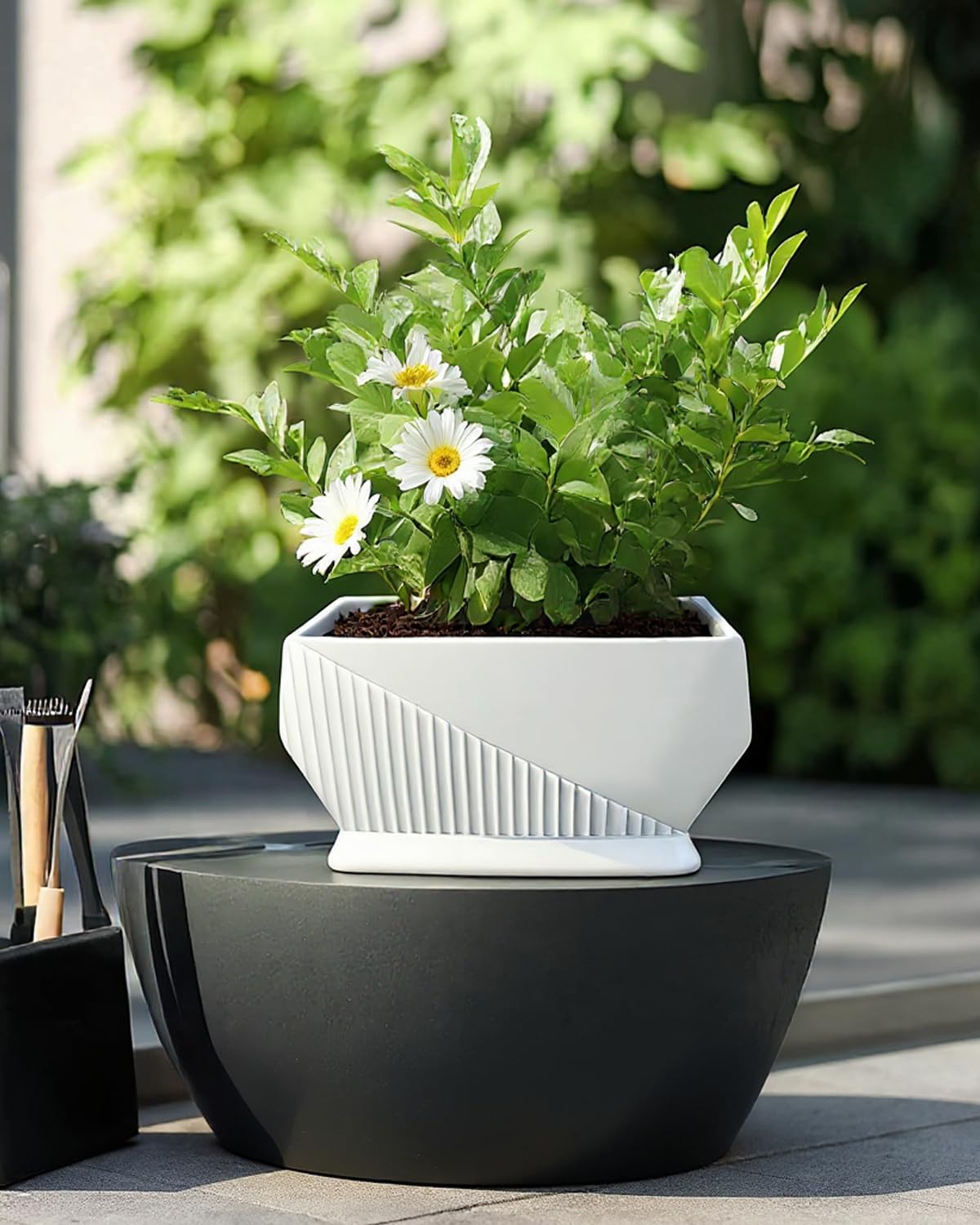 OXART Ceramic Plant pots Indoor Pots Set with Drainage Holes, 12+9 inch Flower Pot Rectangle Planters Pots for Plants for Plants Lilies, Cacti, Succulents, and Pothos, No Trays (White-1)
