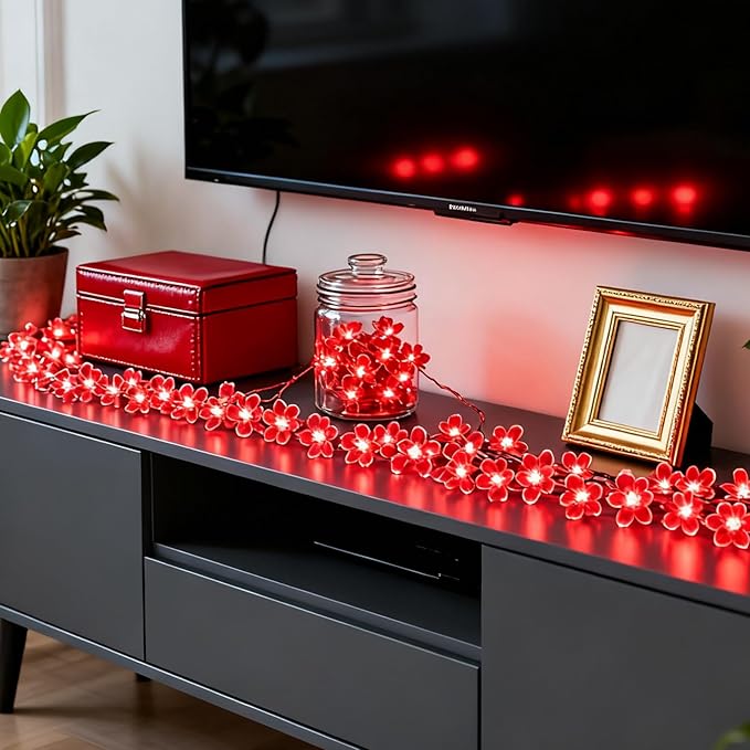 Cherry Blossom Flower String Lights, 100 led 33 feet 8 Mode Plug in Fairy Lights for Valentine's Day, Wedding, Birthday Party, Christmas Easter Tree Hanging Decorations (Red)
