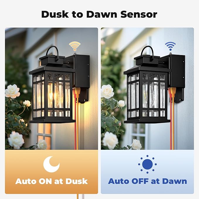 Outdoor Wall Light Fixtures with GFCI Outlet, Black 2-Pack Dusk to Dawn Outside Lighting Fixture, Waterproof Anti-Rust Exterior Lights Fixtures, Porch Light for Front Door, Garage, Backyard