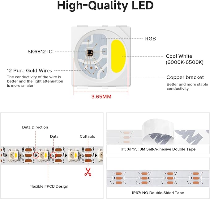 BTF-LIGHTING SK6812(Similar WS2812B) RGBW RGB+Cool White(6000K) Individually Addressable DC12V 16.4FT 60LED/m 4 Colors in 1 Light Dream LED Strip IP68 White PCB(No Adapter or Controller)