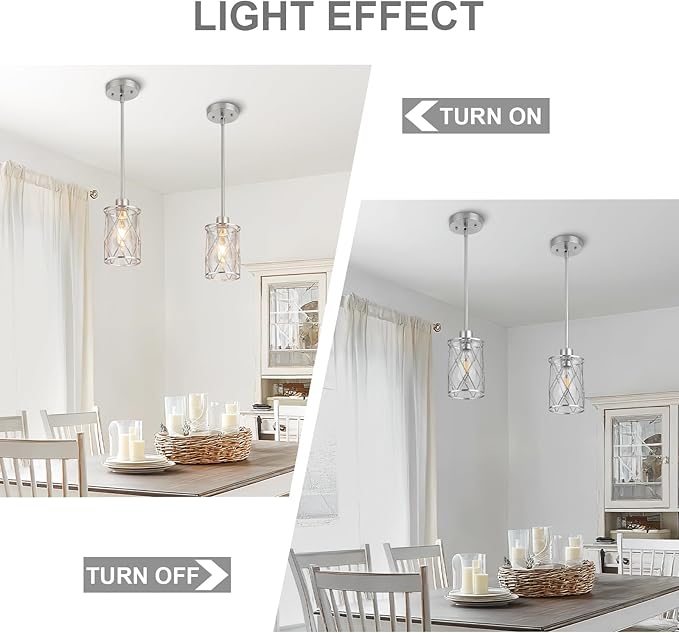 Refice Glass Pendant Lights Kitchen Island, Brushed Nickel Kitchen Hanging Light with Clear Glass, Farmhouse Cage Mini Pendant Lighting for Sink Dining Room Bedroom Bar, 1 Pack